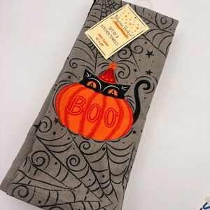 Johanna‎ Parker Halloween Kitchen Towels Set Black Cat Pumpkin Boo Grey Cotton